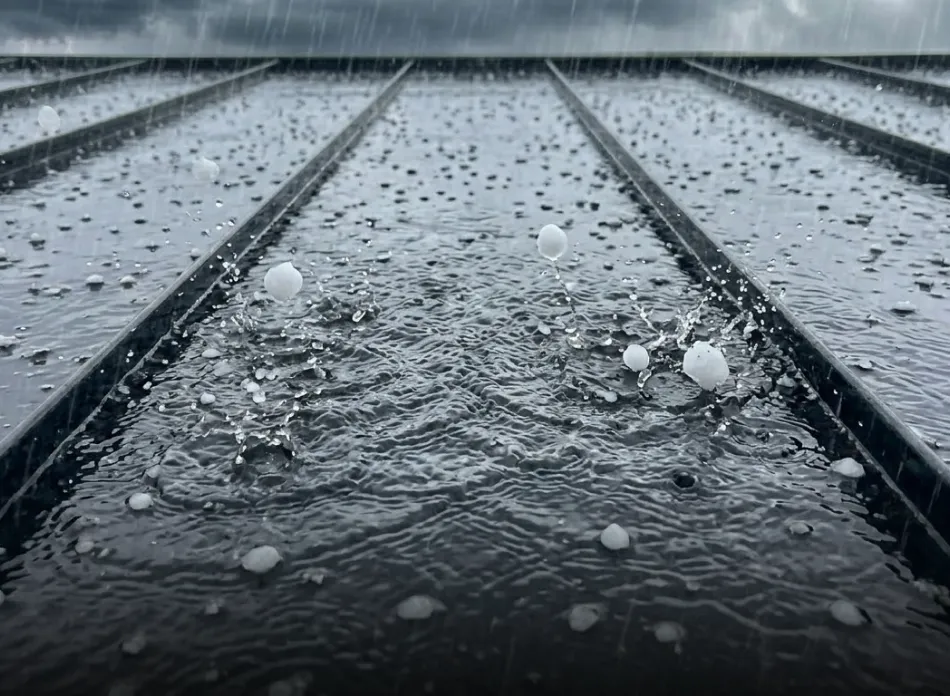 Close-up of hailstones hitting and splashing on a metal surface in rainy weather.