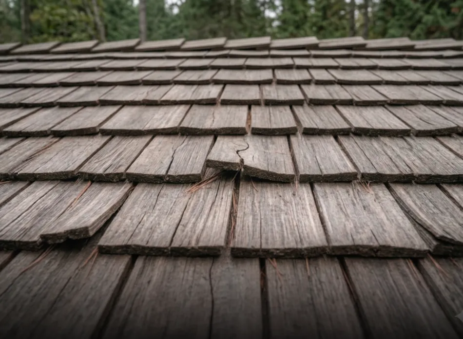 Close-up of weathered wooden roof shingles with one shingle cracked and slightly lifted.