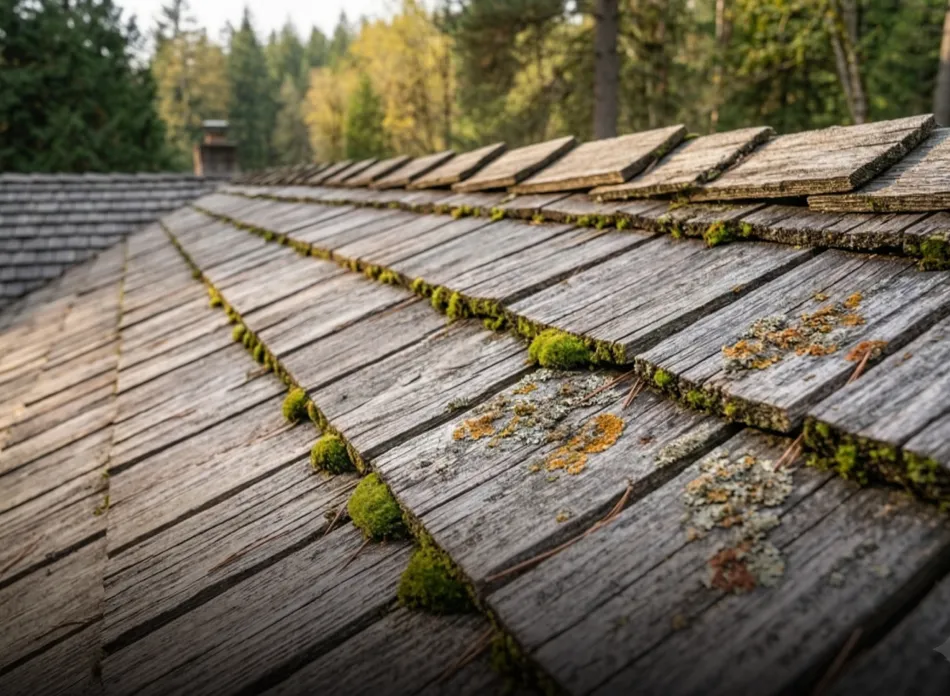 Close-up of a weathered wooden shingle roof with moss and lichen growth amidst surrounding trees.