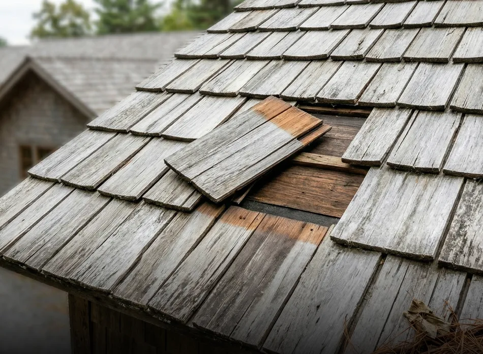 Wooden shingle roof with one shingle removed and placed at an angle, revealing older wood underneath.