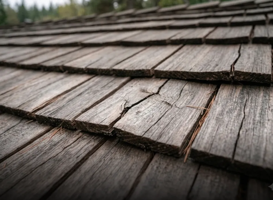 Close-up of weathered wooden shingles layered on a roof with some cracks and dried pine needles.