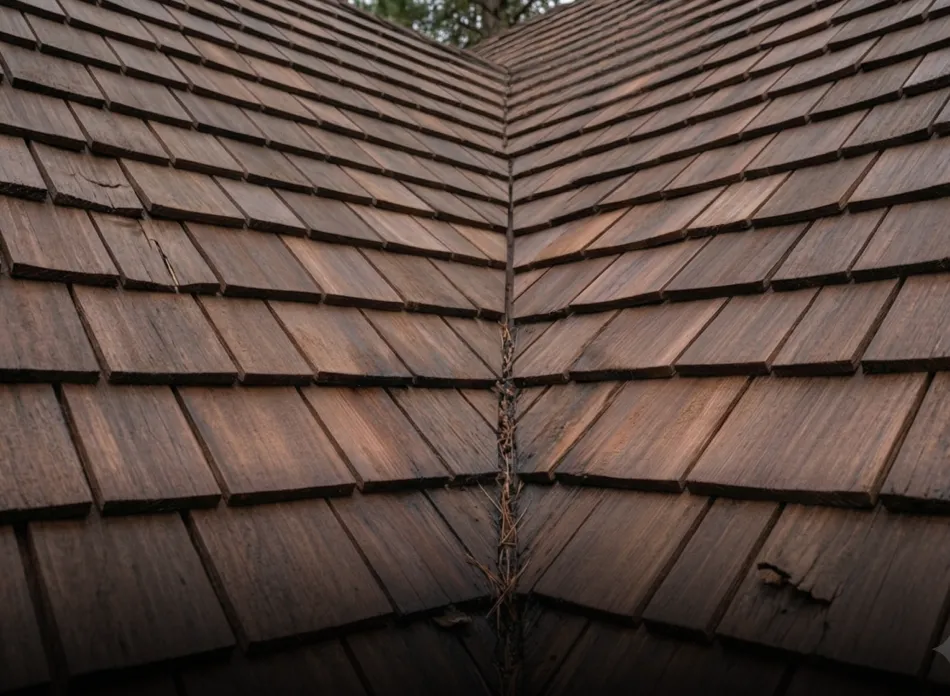 Close-up of weathered wooden roof shingles meeting at a central valley with some dried leaves and debris.