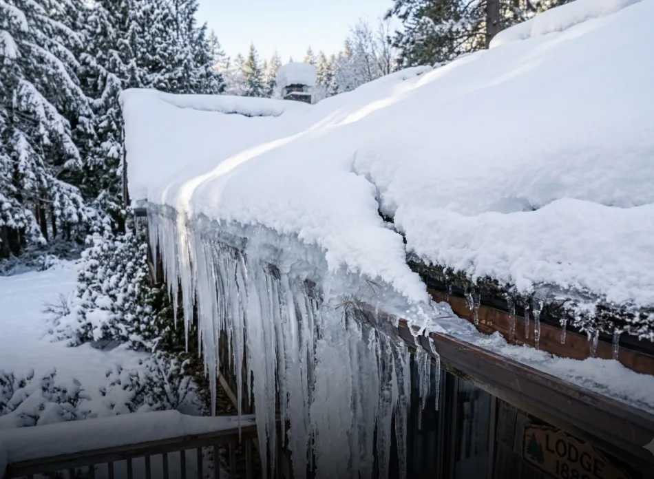 Snow-covered rooftop with large icicles hanging from the edge in a forested winter landscape.
