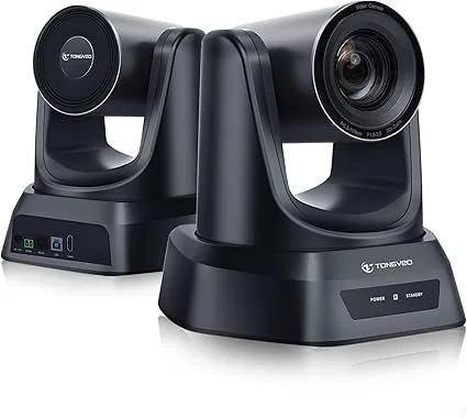 Two black PTZ cameras with TONGBVO branding, featuring adjustable lenses and status indicators.