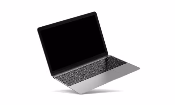 Sleek silver laptop computer with black keyboard and blank screen on white background.