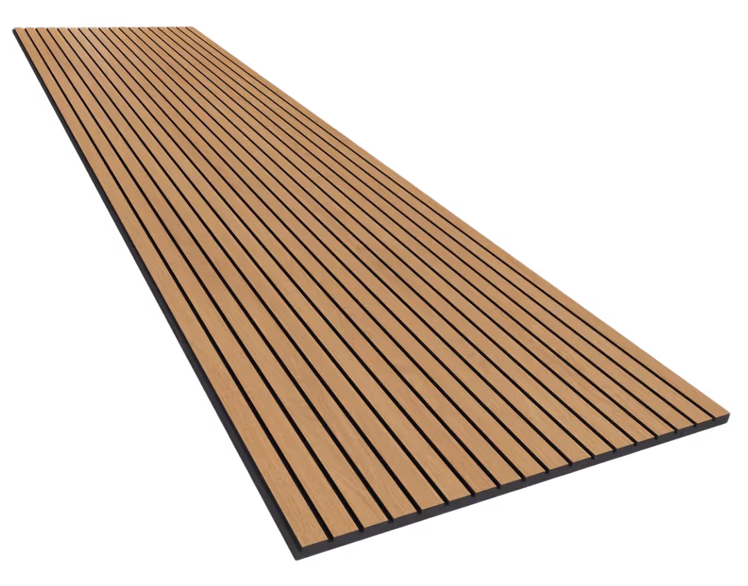 Rectangular panel with evenly spaced narrow wooden slats in a light brown color on a black frame.