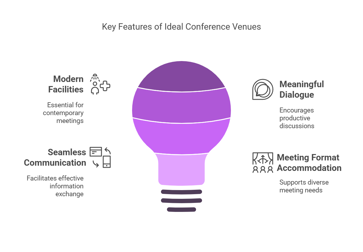 Key features of ideal conference venues: modern facilities, seamless communication, meaningful dialogue, and meeting format accommodation for productive meetings in Brussels.