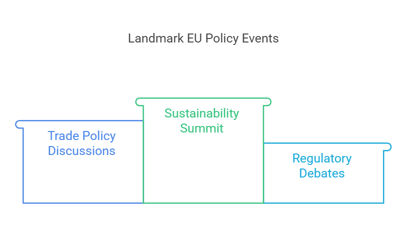 Diagram showcasing landmark EU policy events, including a Sustainability Summit, Trade Policy Discussions, and Regulatory Debates, highlighting key topics hosted at the Ambiorix Center.