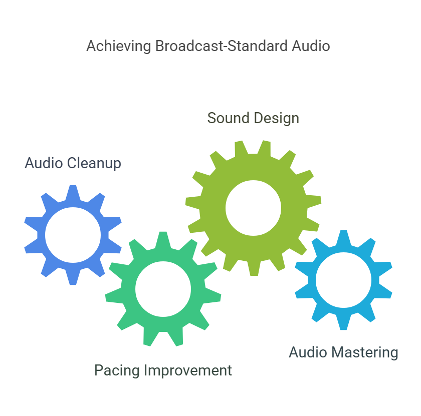 Gear illustration highlighting essential podcast editing processes like cleanup, pacing, and sound design.