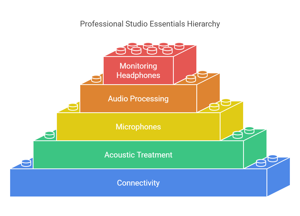 Hierarchical diagram showing essential podcast studio equipment from connectivity to headphones.