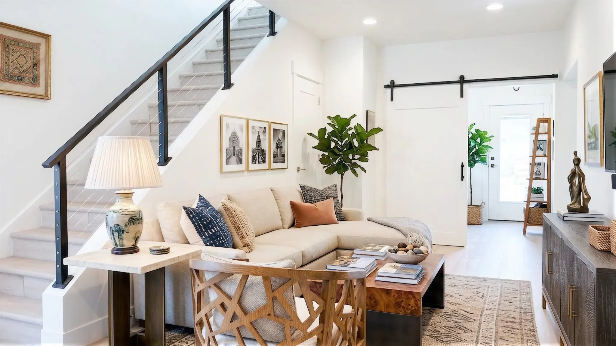 Bluebird living area beneath staircase with cream sofa, decorative wood coffee table, fiddle-leaf fig, sliding barn door, and black cable staircase railing