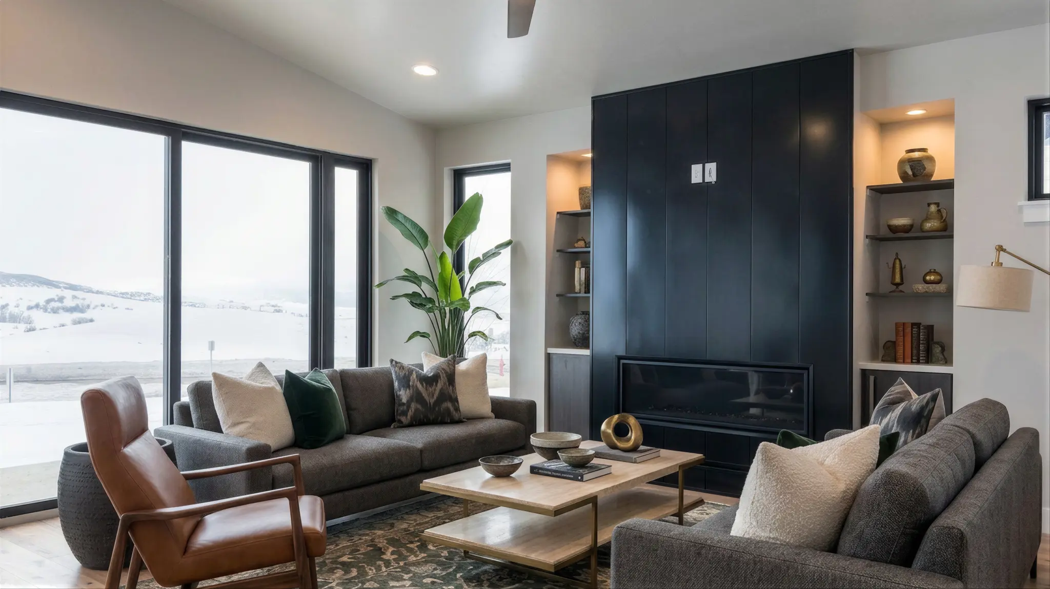 Twilight living room with dark navy accent wall and linear fireplace, two gray sofas, leather armchair, and floor-to-ceiling windows with snowy mountain views