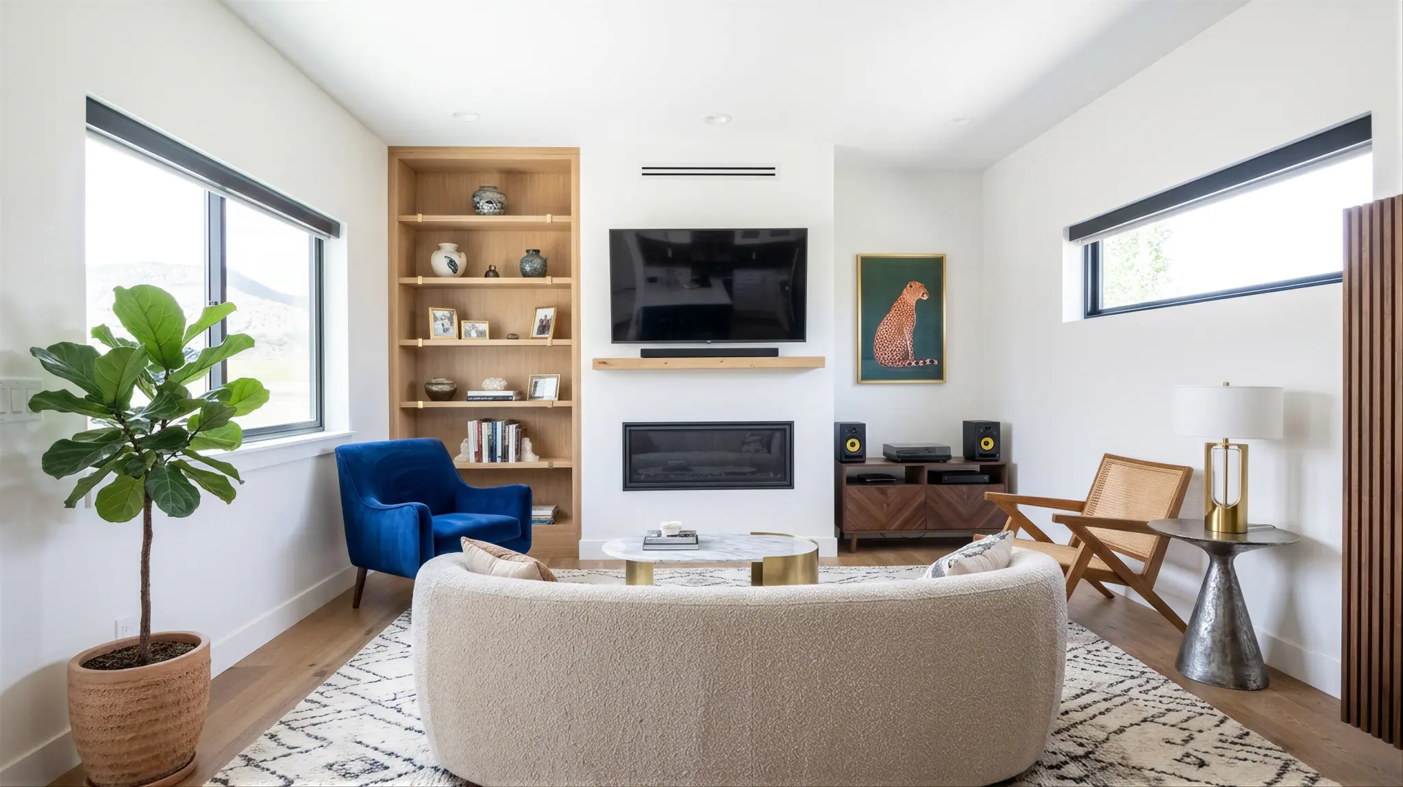 Powder Run living room with curved cream sofa, blue velvet accent chair, built-in oak shelving, linear fireplace, and wall-mounted TV