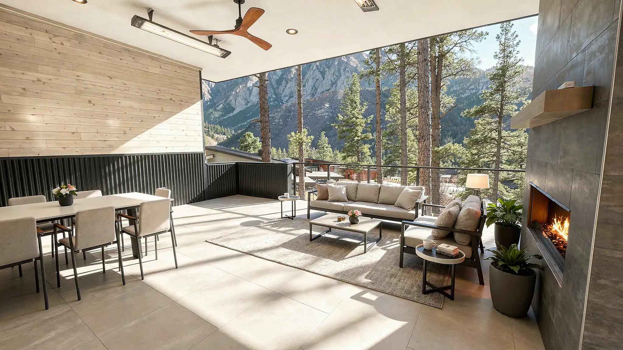 Sunlight large covered outdoor living area with vaulted ceiling, ceiling fan, sectional sofa, dining set, outdoor fireplace, and floor-to-ceiling glass open to pine tree and mountain views