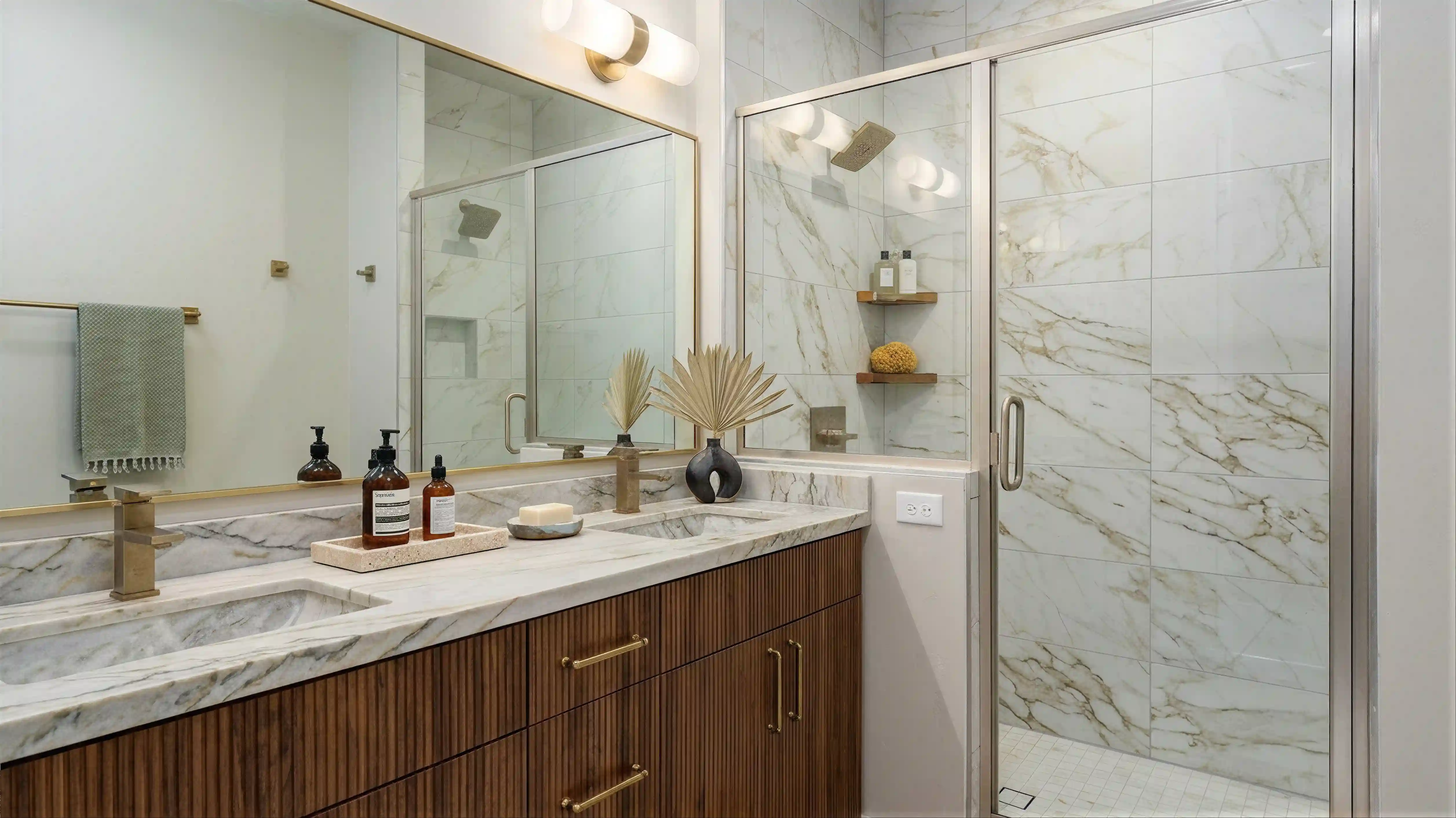 Twilight primary bathroom with double marble vanity, brushed gold fixtures, and glass walk-in shower with marble tile walls
