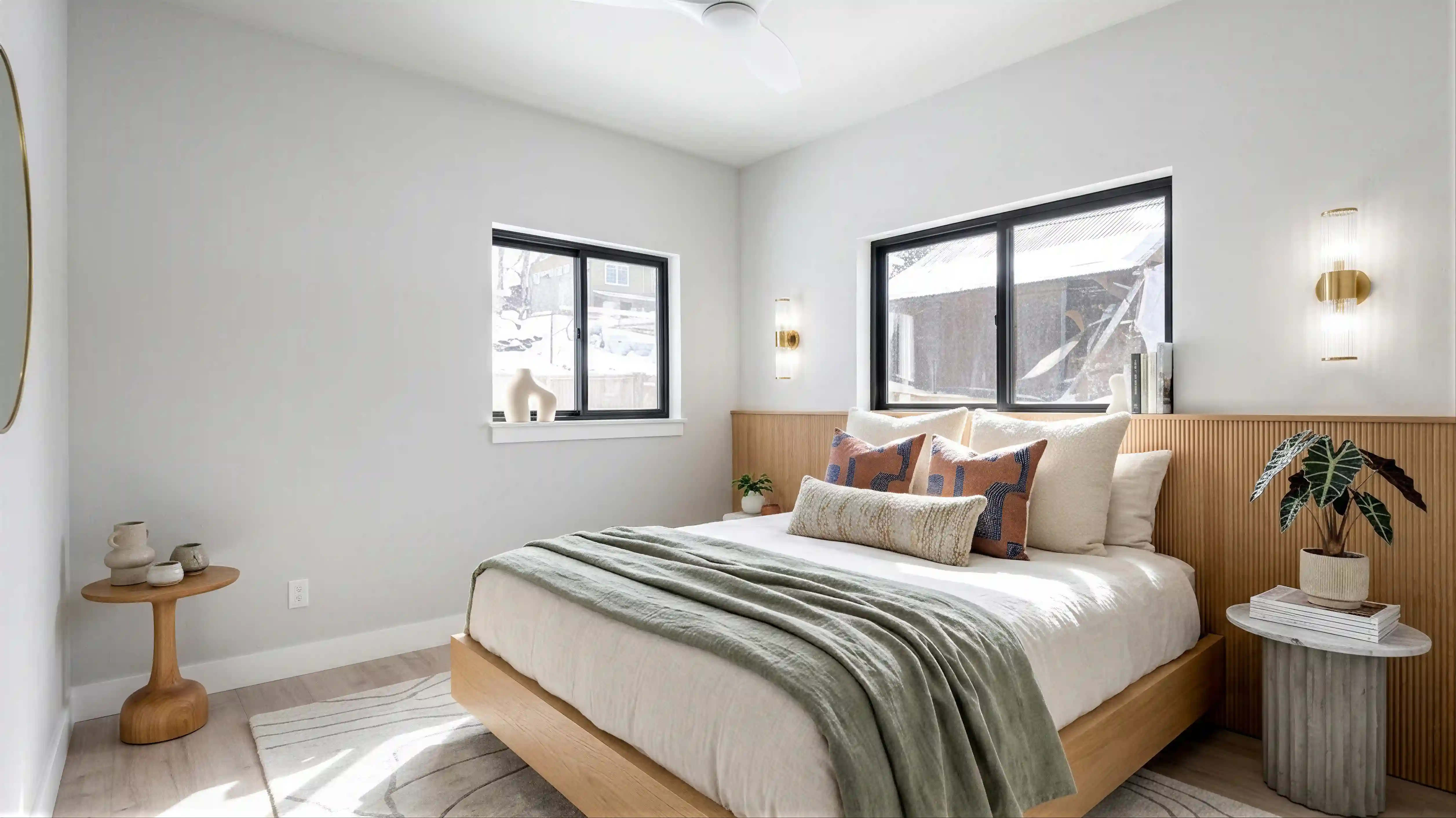 Bluebird primary bedroom with wood-framed bed, fluted wood headboard wall panel, gold sconces, and two large windows
