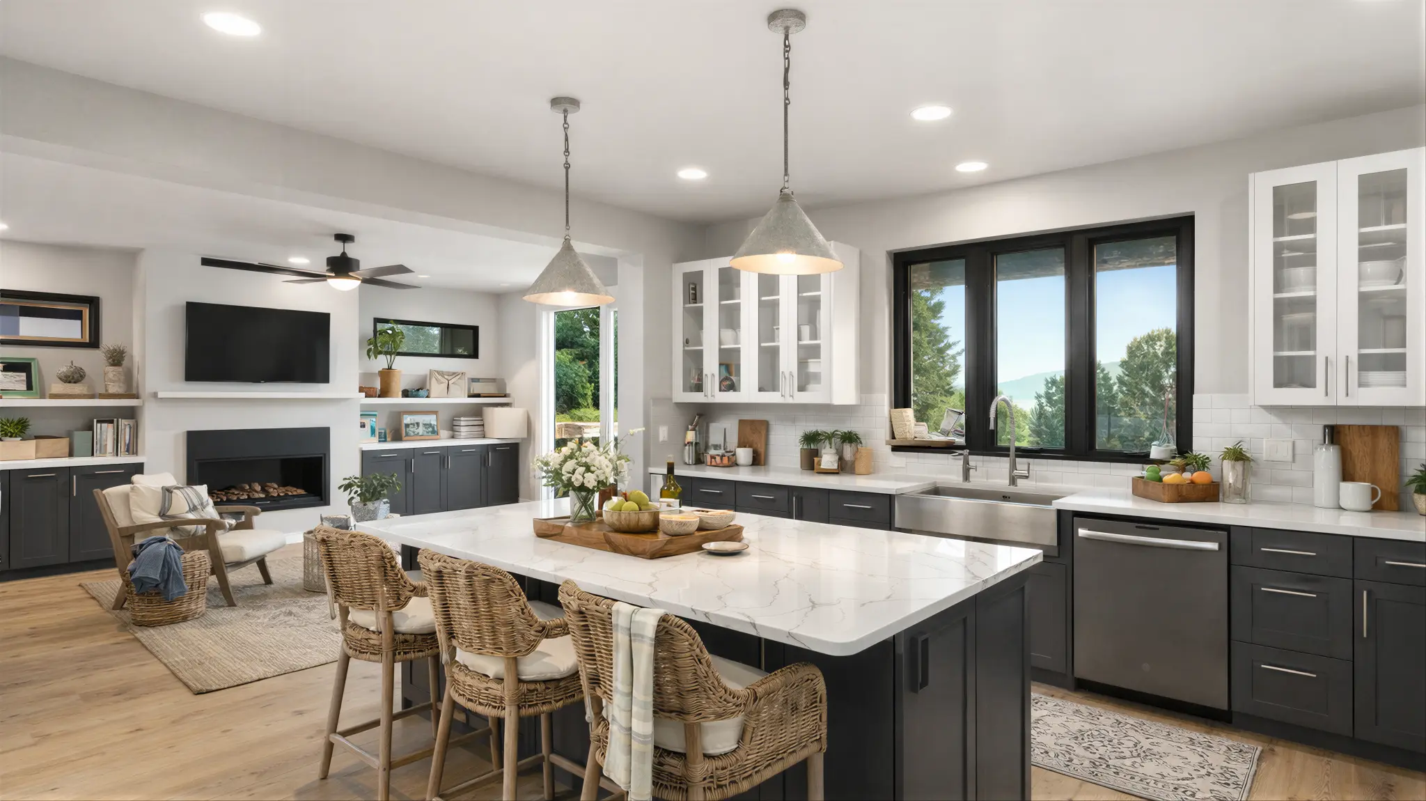 High Noon open-plan kitchen and living area with dark lower cabinets, white upper cabinets, marble island with wicker barstools, and fireplace in the great room beyond