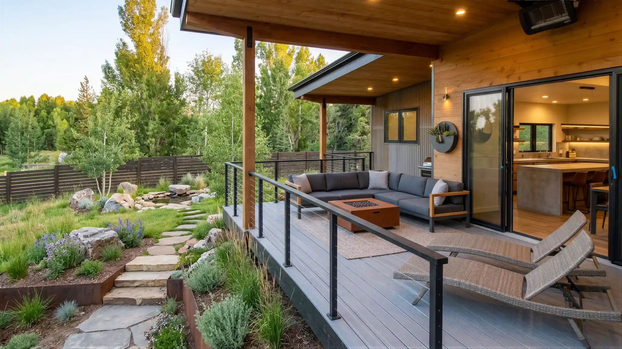 Bluebird covered deck with gray sectional sofa, fire pit table, cable railing, wood ceiling, and landscaped garden with stone path and aspen trees