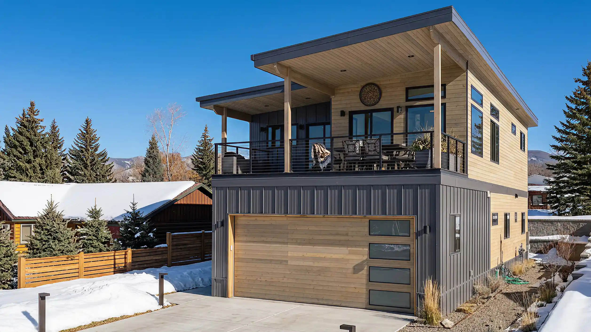 Bluebird exterior showing two-story home with warm cedar siding, gray corrugated metal lower level, upper deck with outdoor dining, large wood garage door, snowy neighborhood