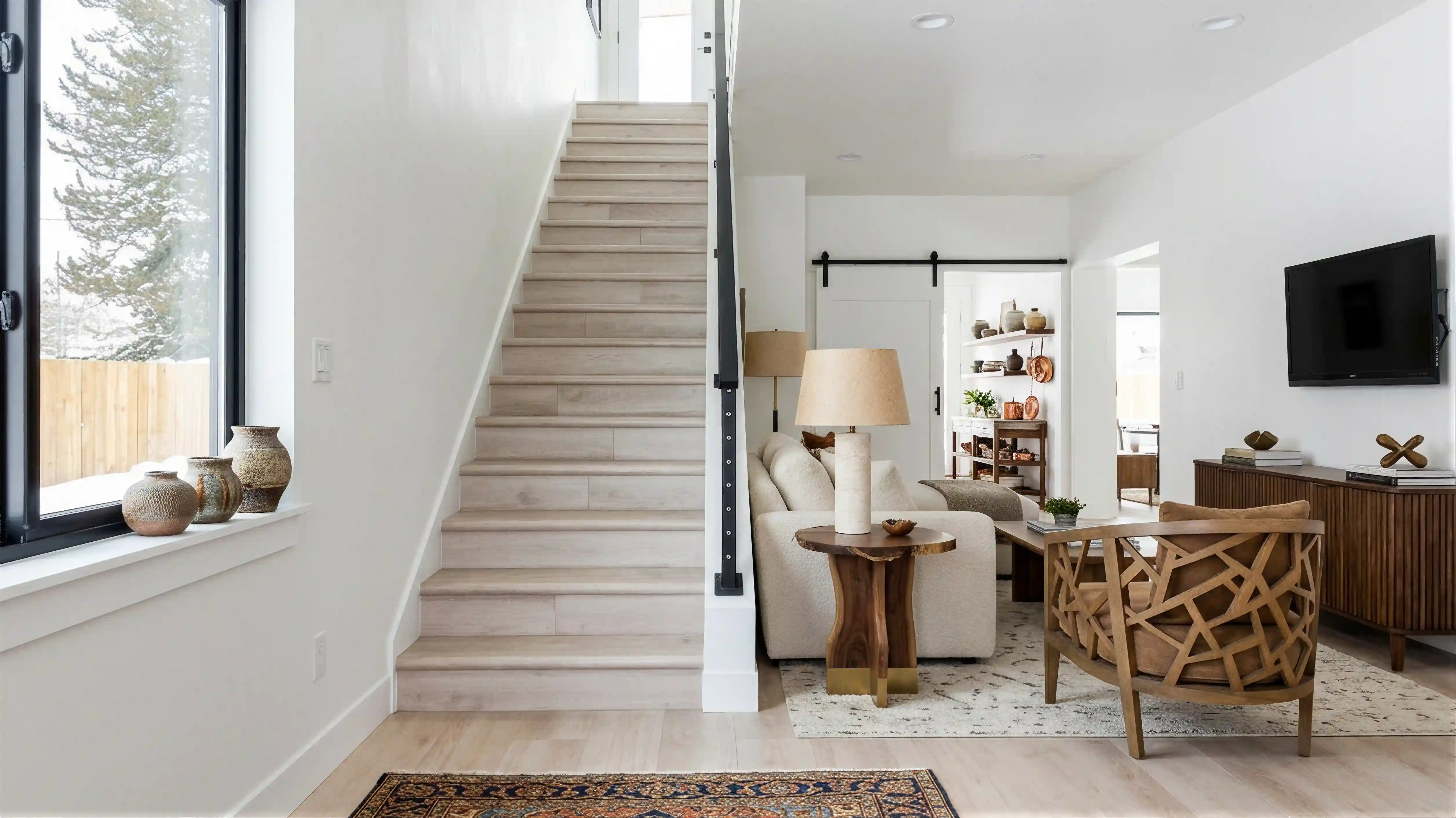 Bluebird upper-level landing looking down staircase to living room with cream sofa, decorative wood accent chair, sliding barn door, and wall-mounted TV