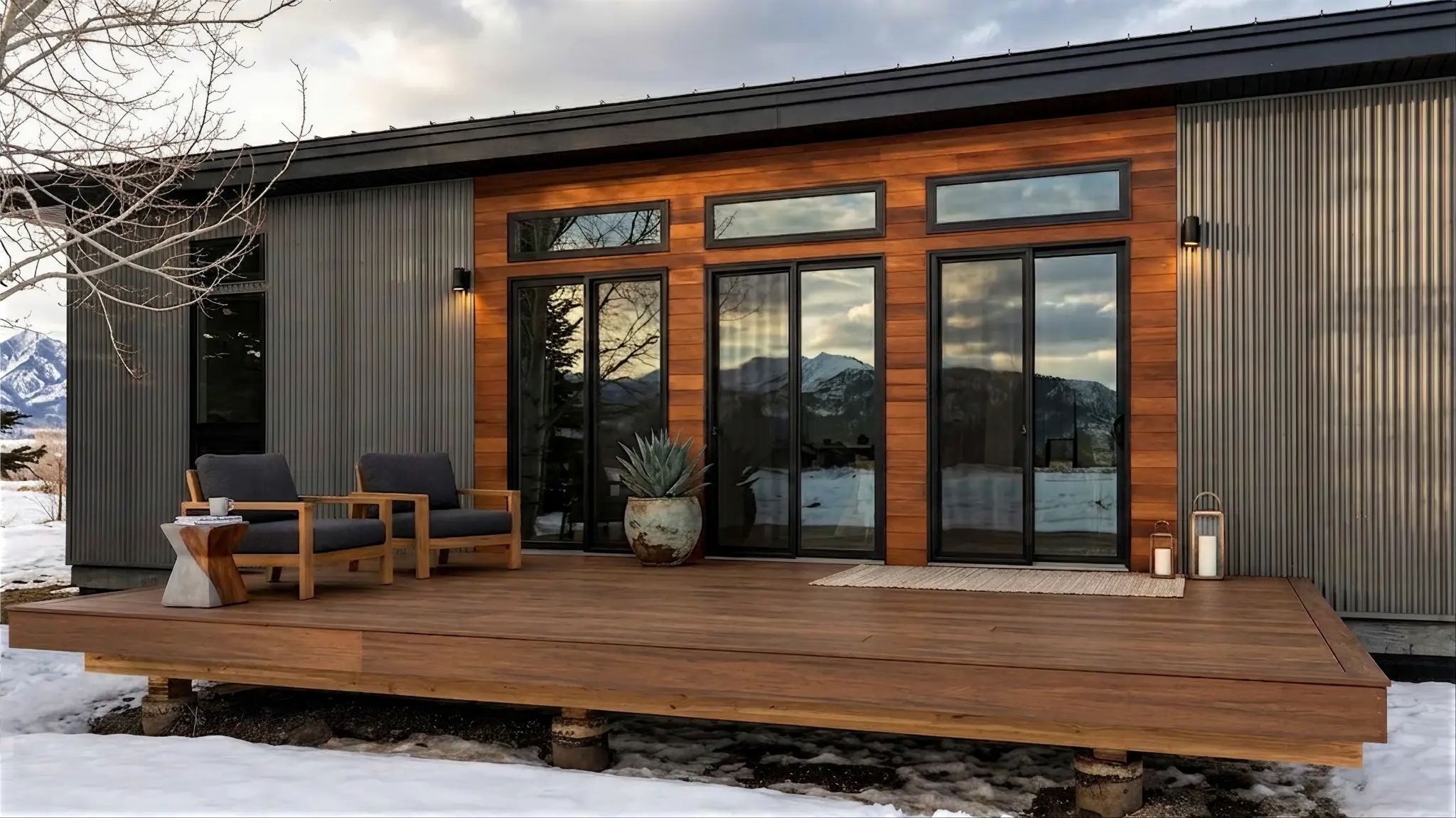 Snow Trace exterior with cedar siding, dark corrugated metal accents, wood deck with outdoor chairs, and sliding glass doors reflecting snow-capped mountains at dusk