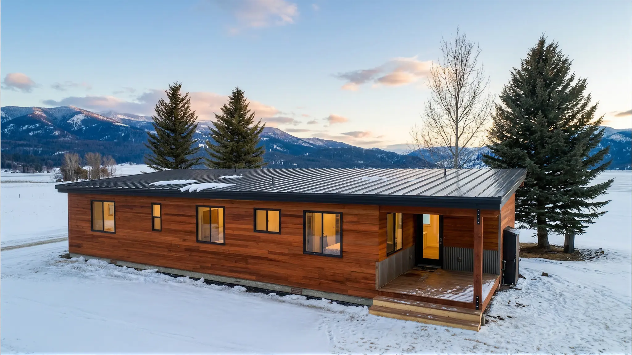 Snow Trace single-story exterior glowing at dusk with warm cedar siding, dark metal roof, covered front entry, and snowy mountain valley beyond