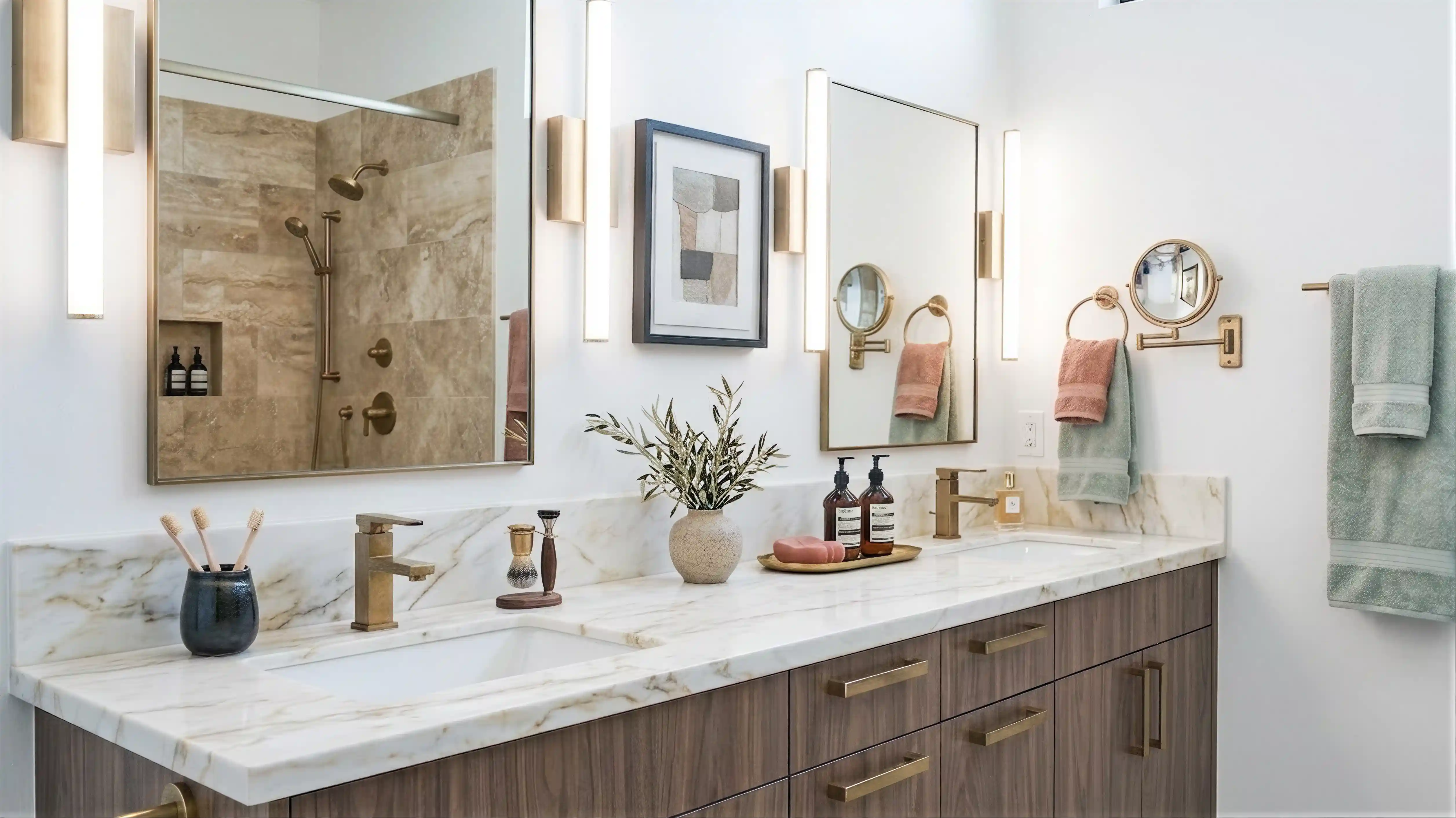 Bluebird primary bathroom with double marble vanity, brushed gold fixtures, wood cabinetry, framed mirror, and gold wall sconces