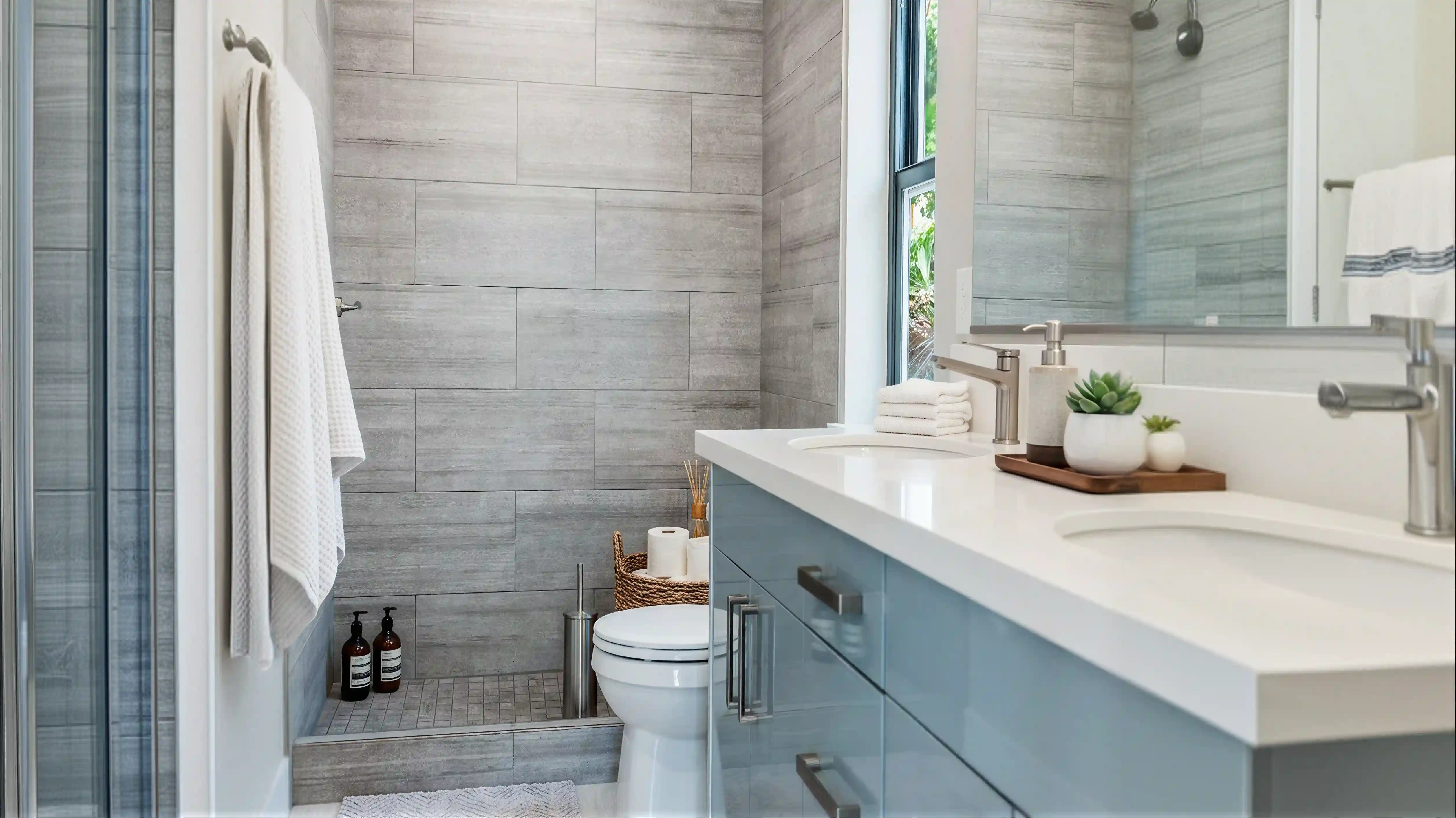 Snow Trace bathroom with gray large-format tile walls and floor, white quartz vanity with brushed nickel fixtures, and walk-in tile shower