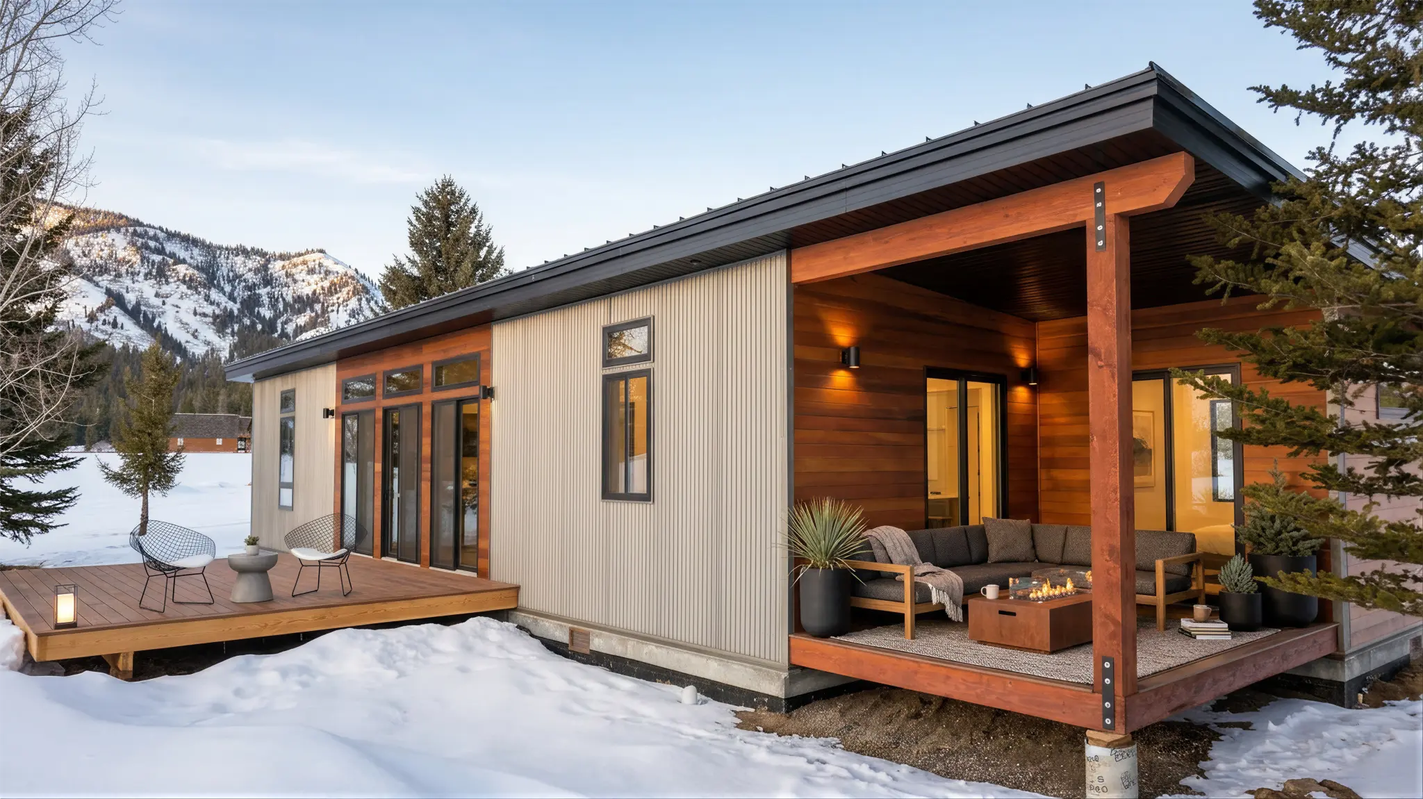 Snow Trace covered porch with fire pit, outdoor sofa, and wood posts, with cedar and light panel siding, surrounded by snow and mountain backdrop at dusk