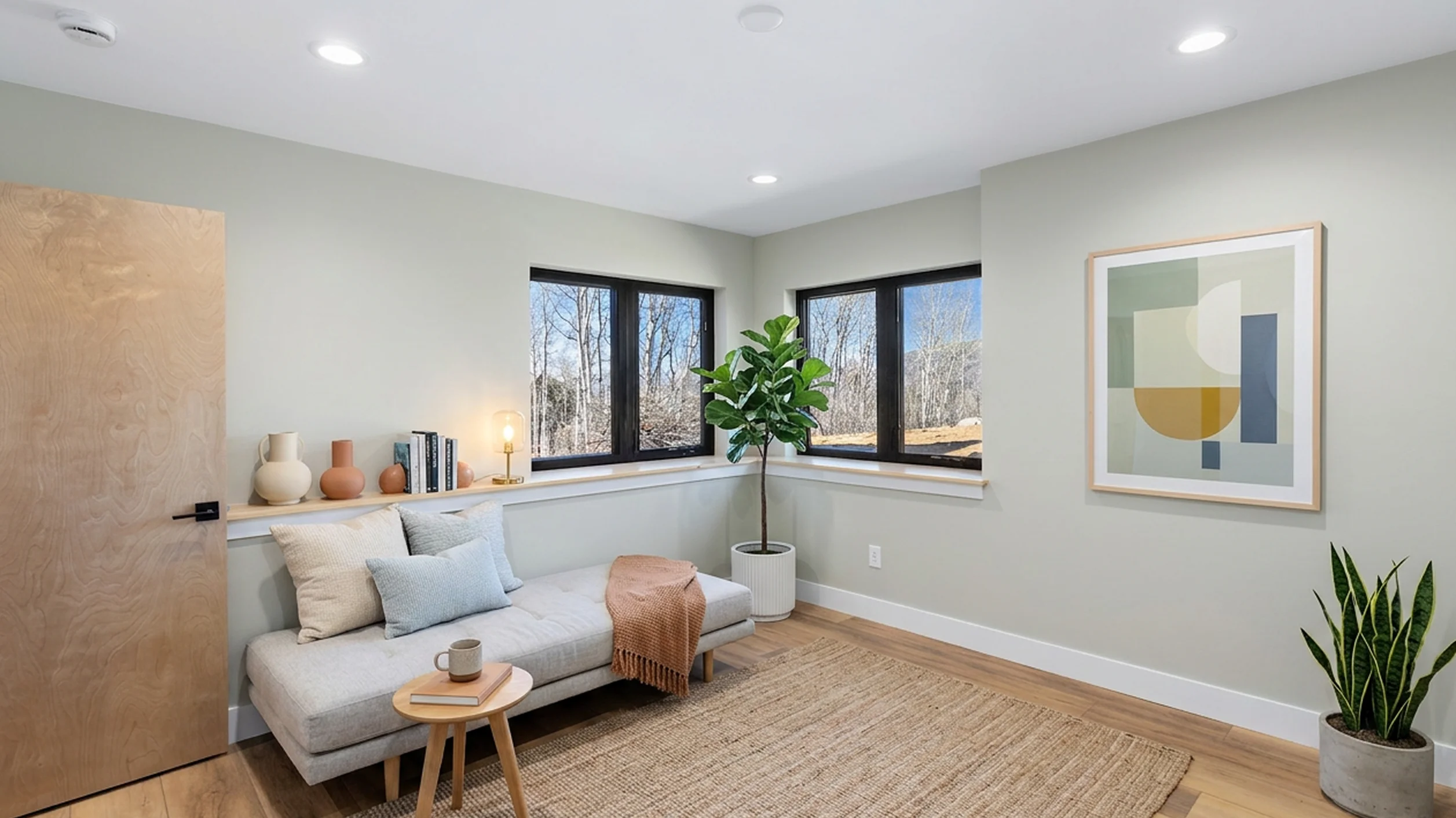 Telemark flex sitting room with gray daybed sofa, fiddle-leaf fig, abstract geometric art, jute rug, and two windows with winter tree views
