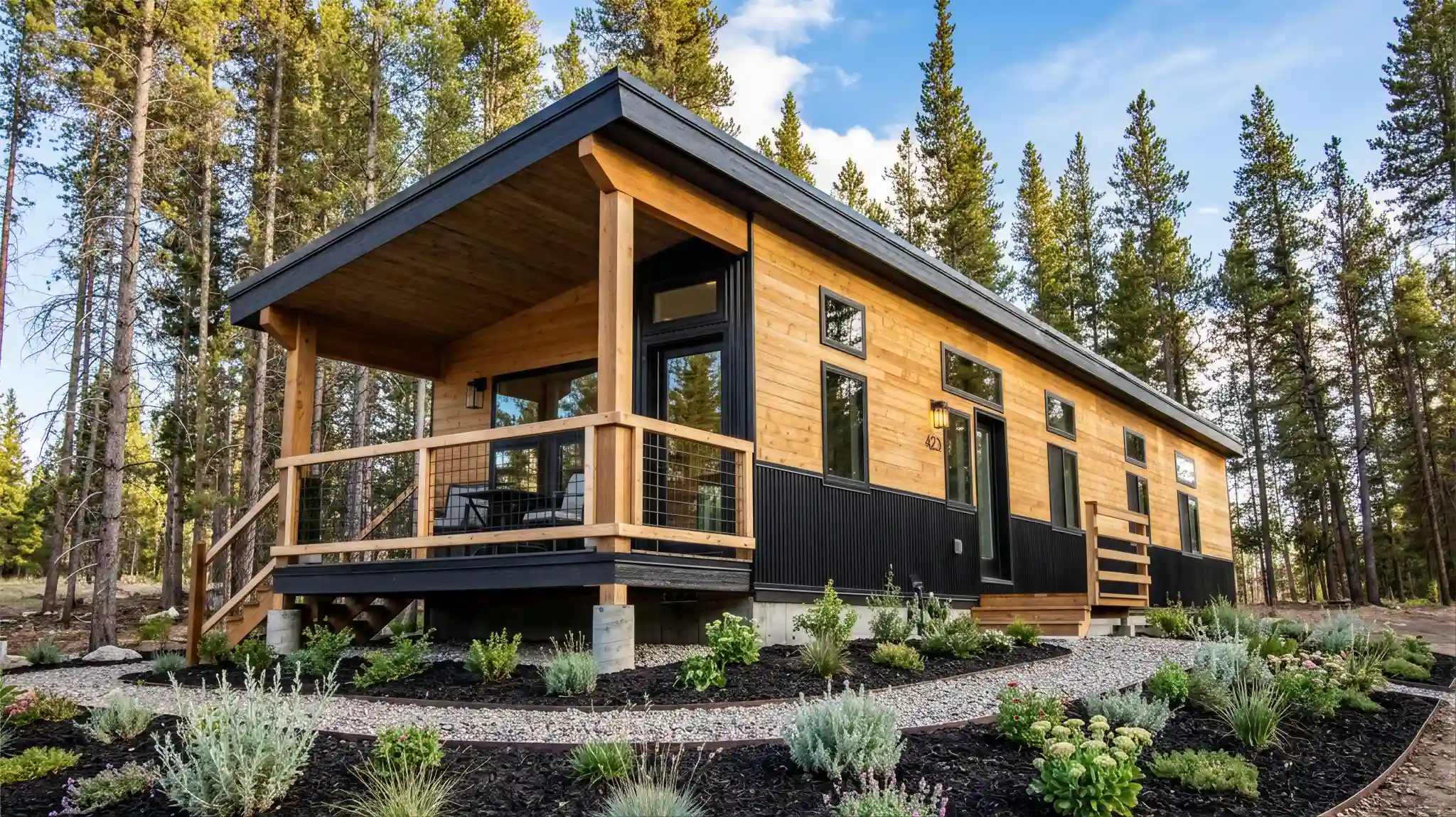 Hideaway exterior with warm cedar siding, dark board-and-batten trim, covered front porch with cable railing, and surrounding pine forest