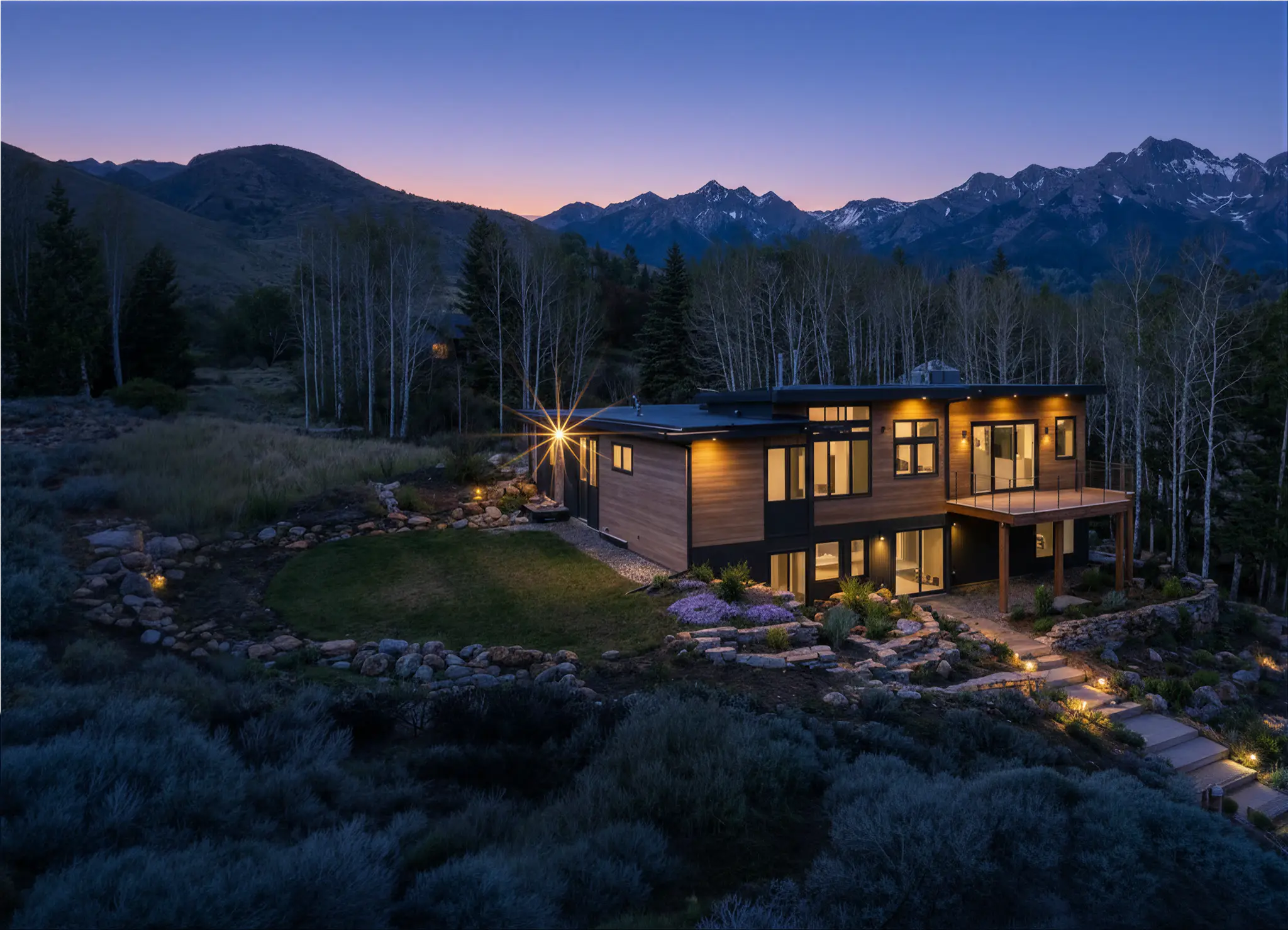 Two-story mountain home with cedar and dark siding and wide covered deck, surrounded by aspens and rugged peaks at dusk