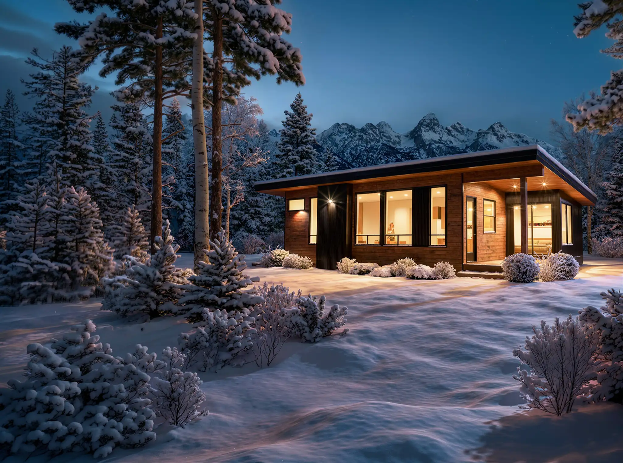 Compact wood-sided cabin glowing warmly at night, surrounded by snow-covered trees and towering mountain peaks