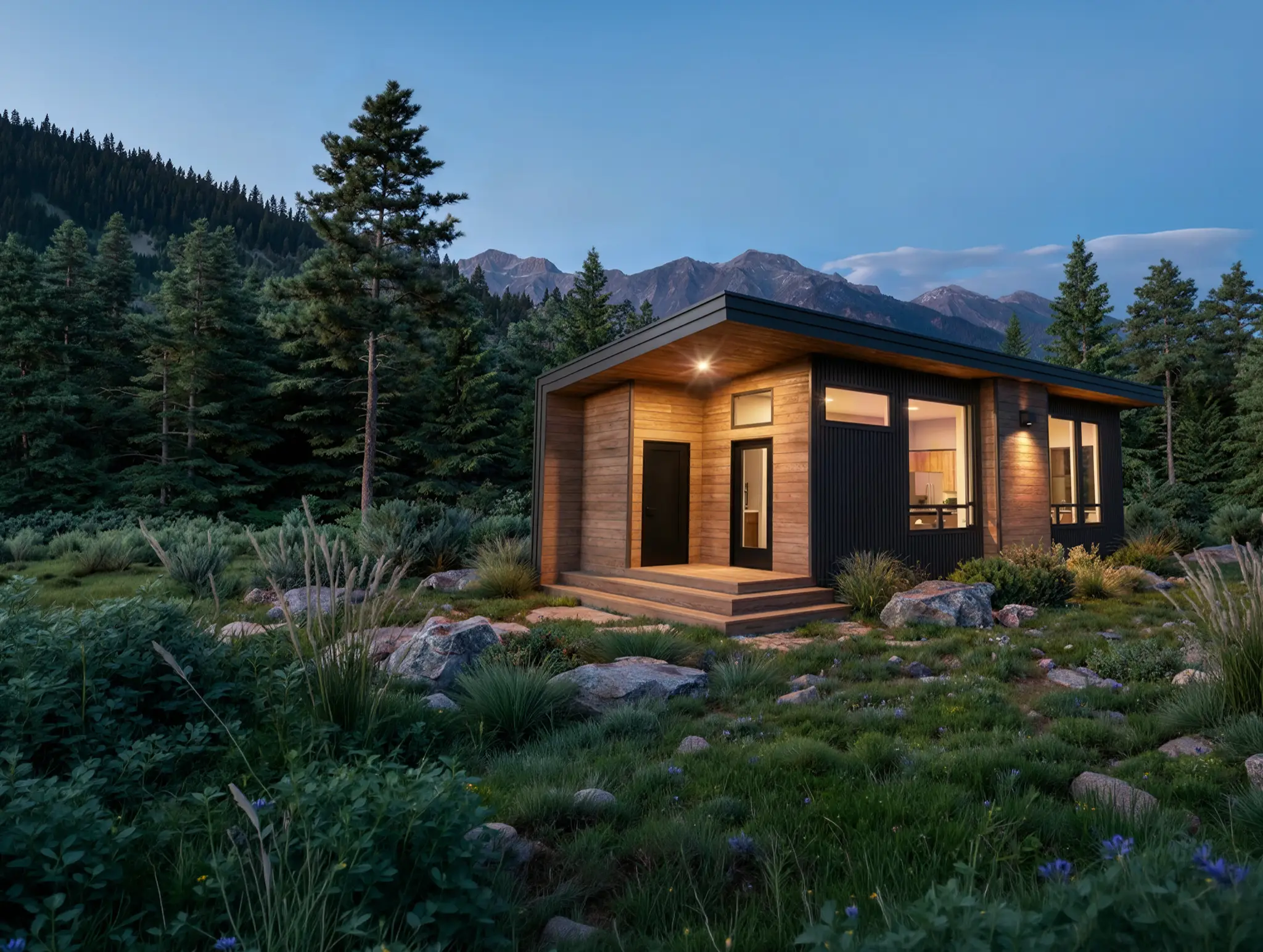 Small single-level cedar cabin with covered entry, set among boulders and wildflowers in a mountain meadow at dusk