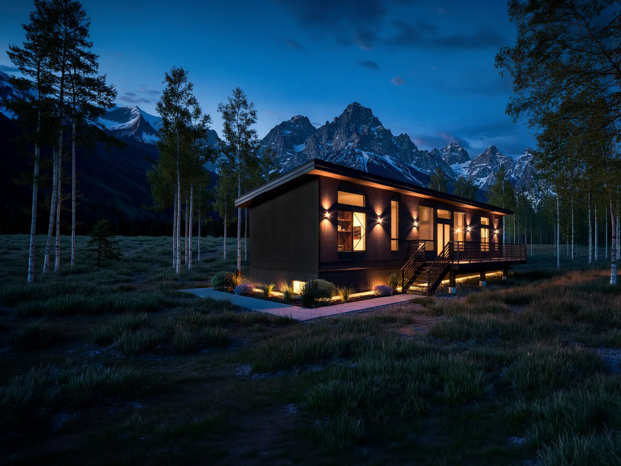 Single-story cabin with dark exterior and covered front porch in an alpine meadow, with dramatic snow-capped peaks behind