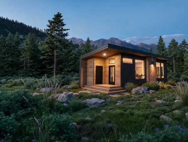 Small single-level cedar cabin with covered entry, set among boulders and wildflowers in a mountain meadow at dusk