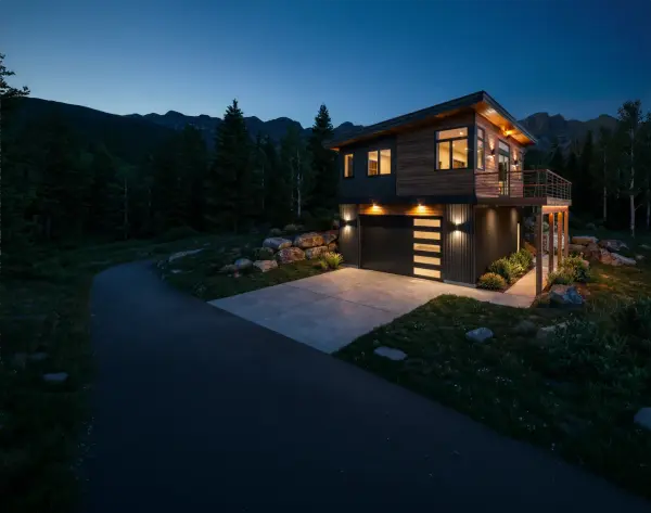 Two-story mountain home with cedar and dark siding, rooftop deck, and stone-lined driveway nestled among boulders and pines at night