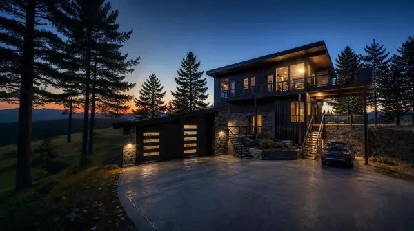 Two-story home with dark metal siding, stone lower level, and elevated deck surrounded by pine trees at dusk