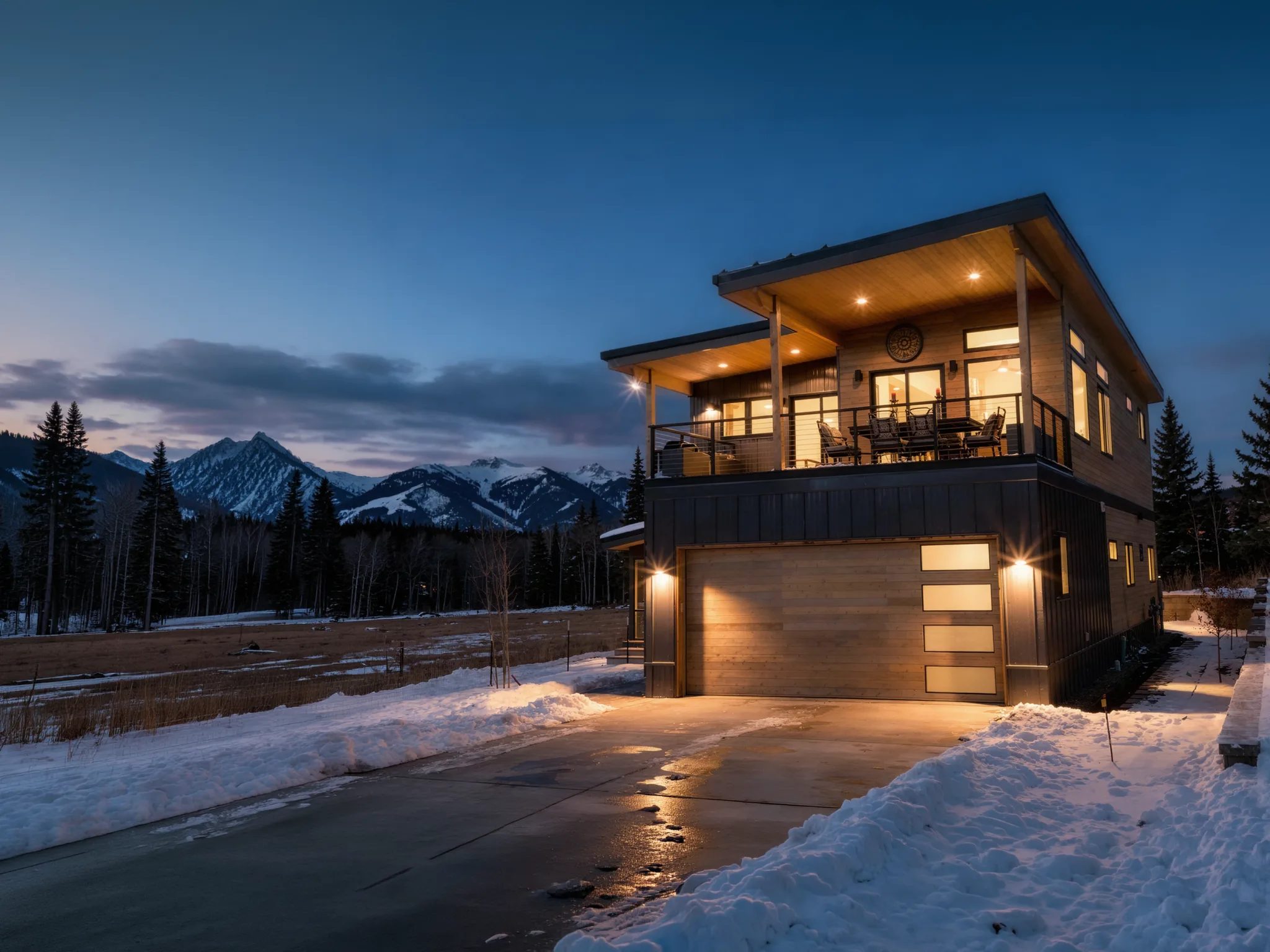 Two-story mountain home with dark siding and covered rooftop deck, lit at dusk above a snowy valley with ski slopes in the distance