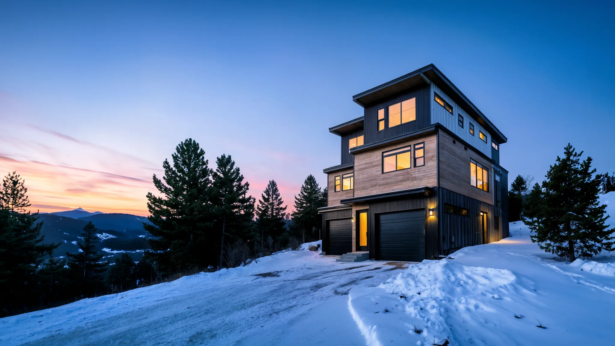 Three-story modern home with cedar and dark board-and-batten siding on a snowy hillside, with a mountain valley and ski slopes below at dusk