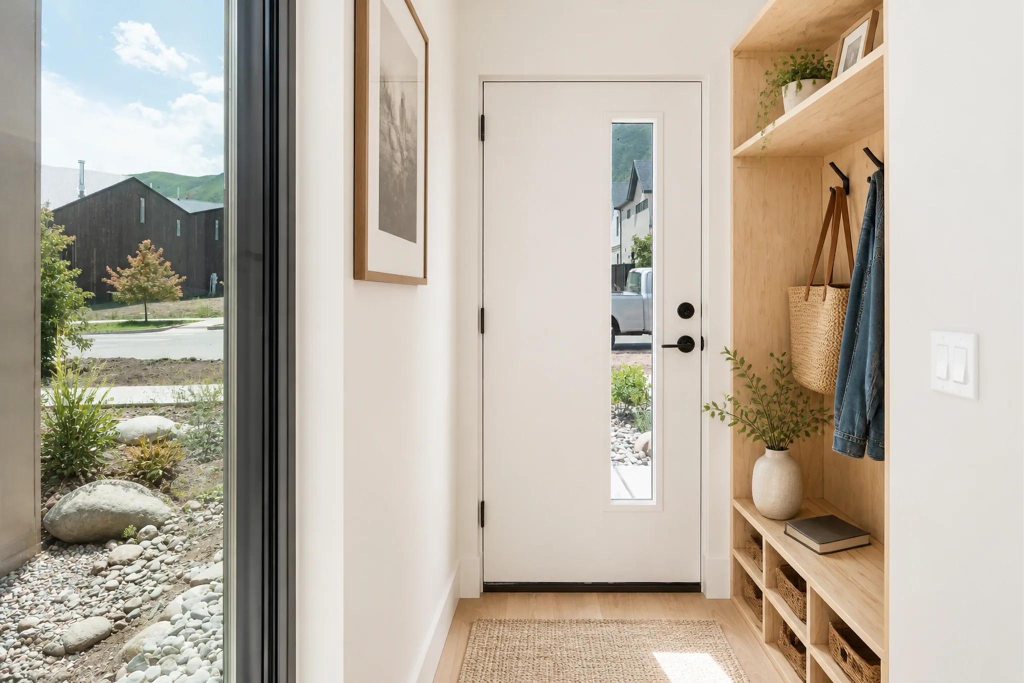 Entry mudroom with built-in wood cubby shelving and hooks, front door with glass panel sidelight, framed landscape art, and floor-to-ceiling window with mountain views