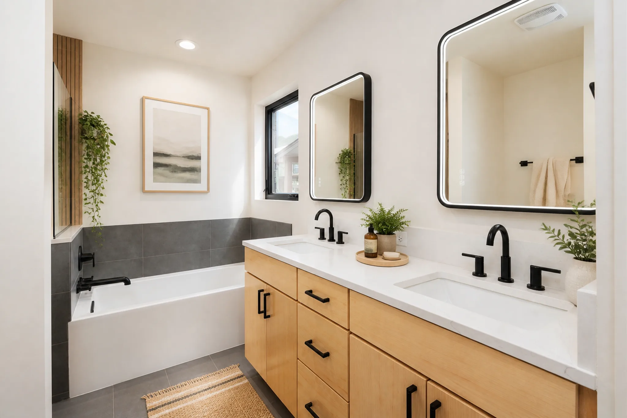 Bathroom with double vanity featuring light wood cabinets, white quartz countertop, LED-lit rounded mirrors, soaking tub with gray tile surround, and black fixtures