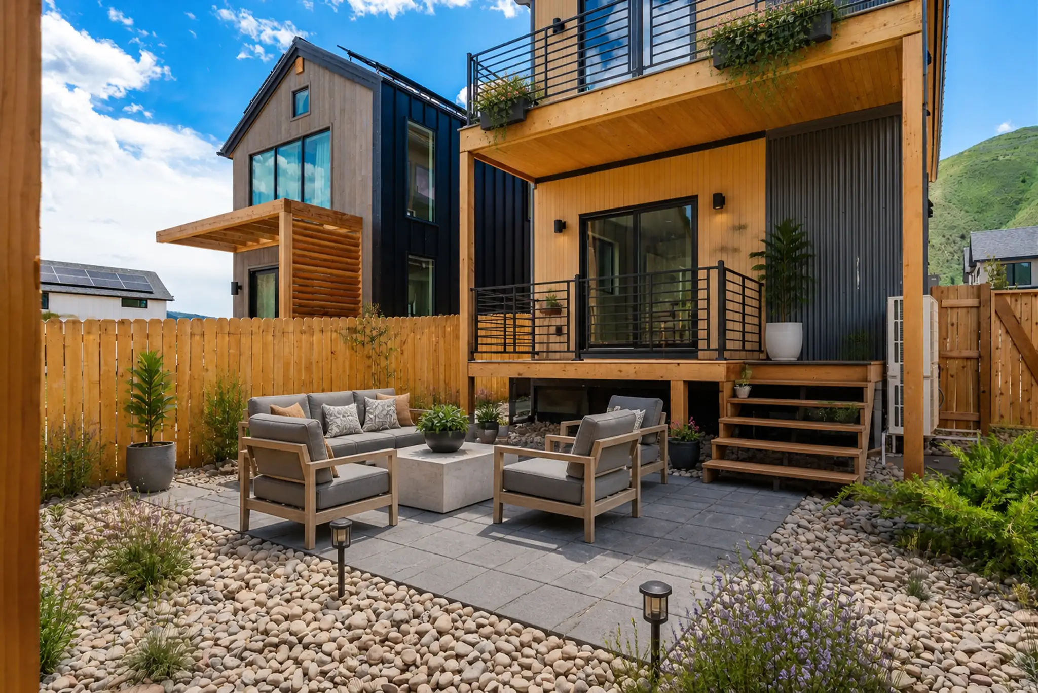 Rear exterior patio with gray outdoor sectional furniture, covered lower porch, cedar upper level, cedar privacy fencing, and gravel xeriscaping
