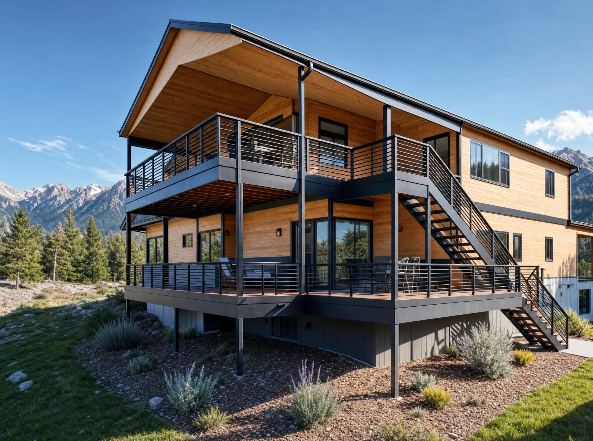 Rear exterior of two-story home with warm cedar cladding, two-level deck with metal railing and exterior staircase, dramatic mountain range and pine forest backdrop