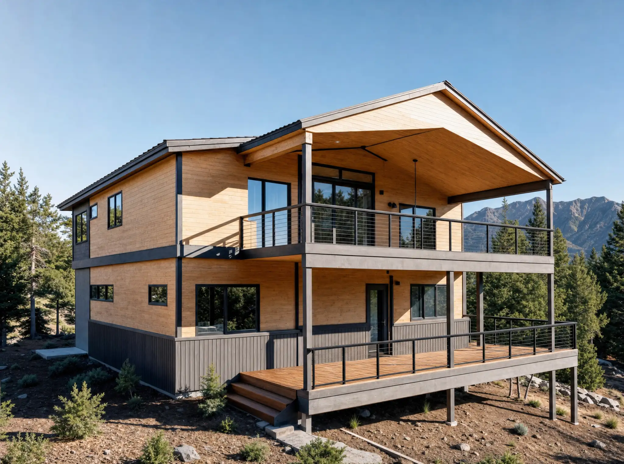 Front and side exterior of two-story mountain home with warm wood siding, corrugated metal lower panels, large windows, two-level deck with metal railing, and mountain and pine forest backdrop