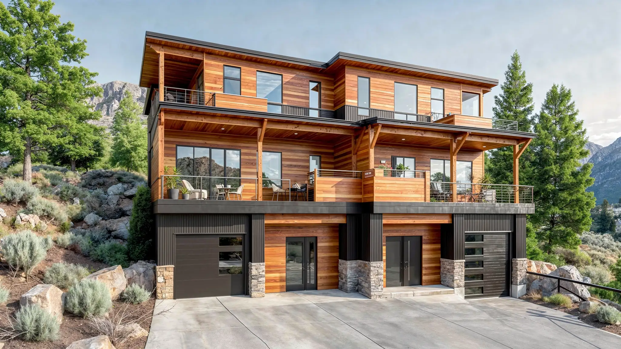 Multi-level mountain home with warm cedar siding, multiple terraced decks with cable railings, stone foundation accents, two-car garage, and pine forest and mountain backdrop