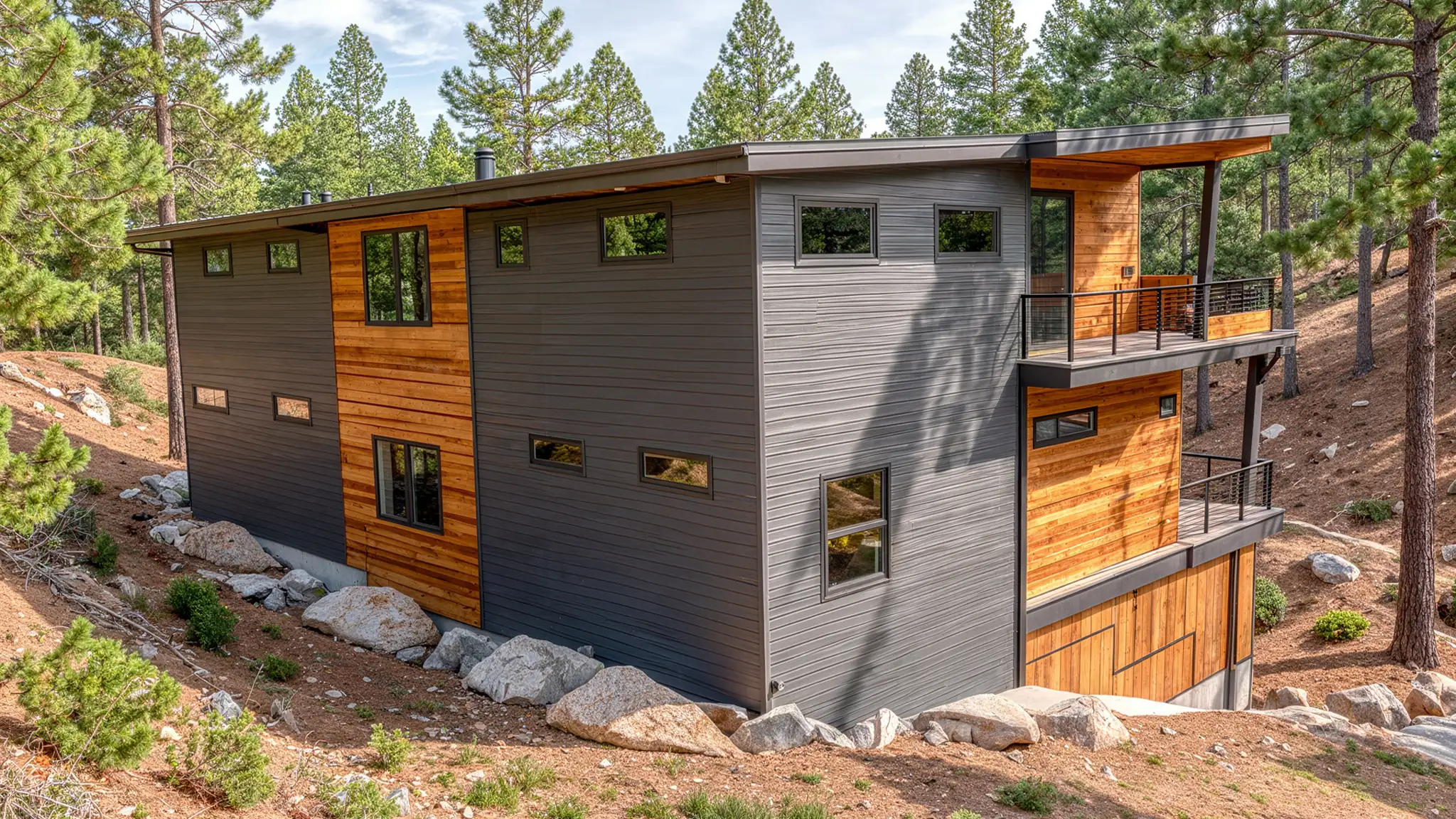 Two-story mountain home with gray and charcoal vertical siding, warm cedar accent panels, upper-level deck with metal railings, and pine trees on a forested hillside