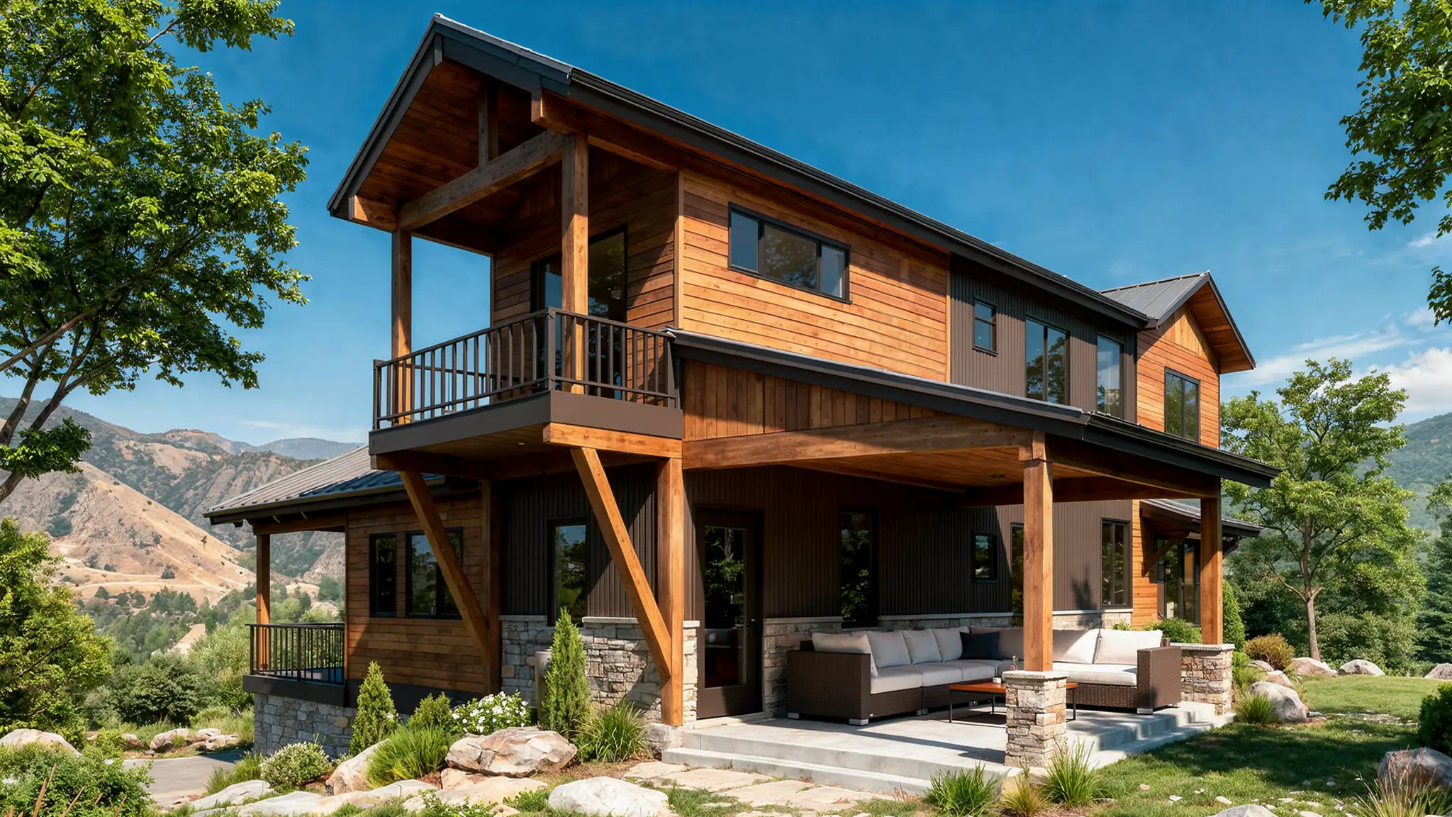 Two-story home with warm cedar horizontal siding, large black-framed windows, upper covered balcony with timber post-and-beam structure and stone columns, lower patio with outdoor seating, and mountain views