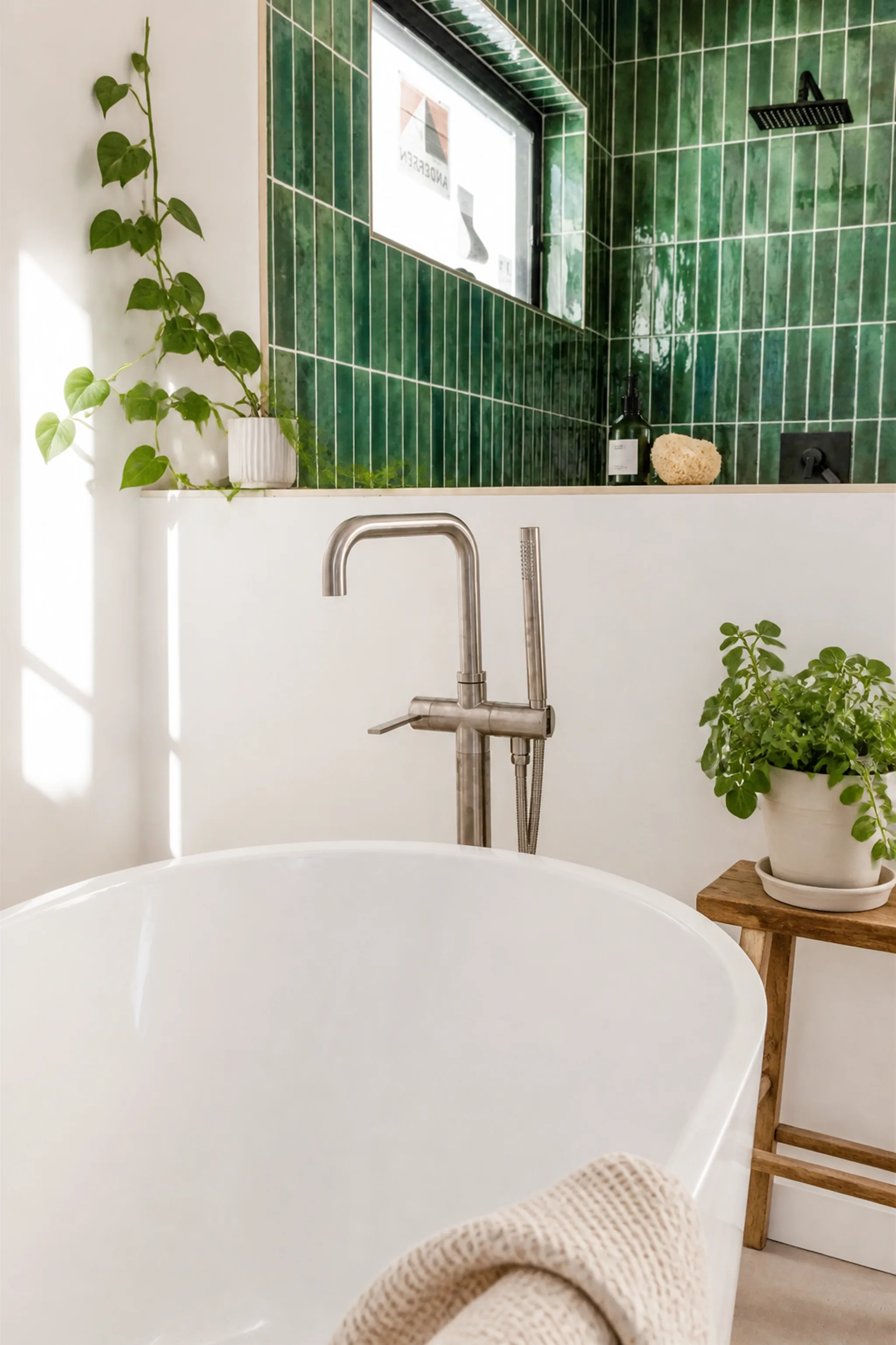 Freestanding white soaking tub with brushed nickel floor-mounted faucet, deep green tile accent shower niche, trailing plants, and small wood stool with potted plant