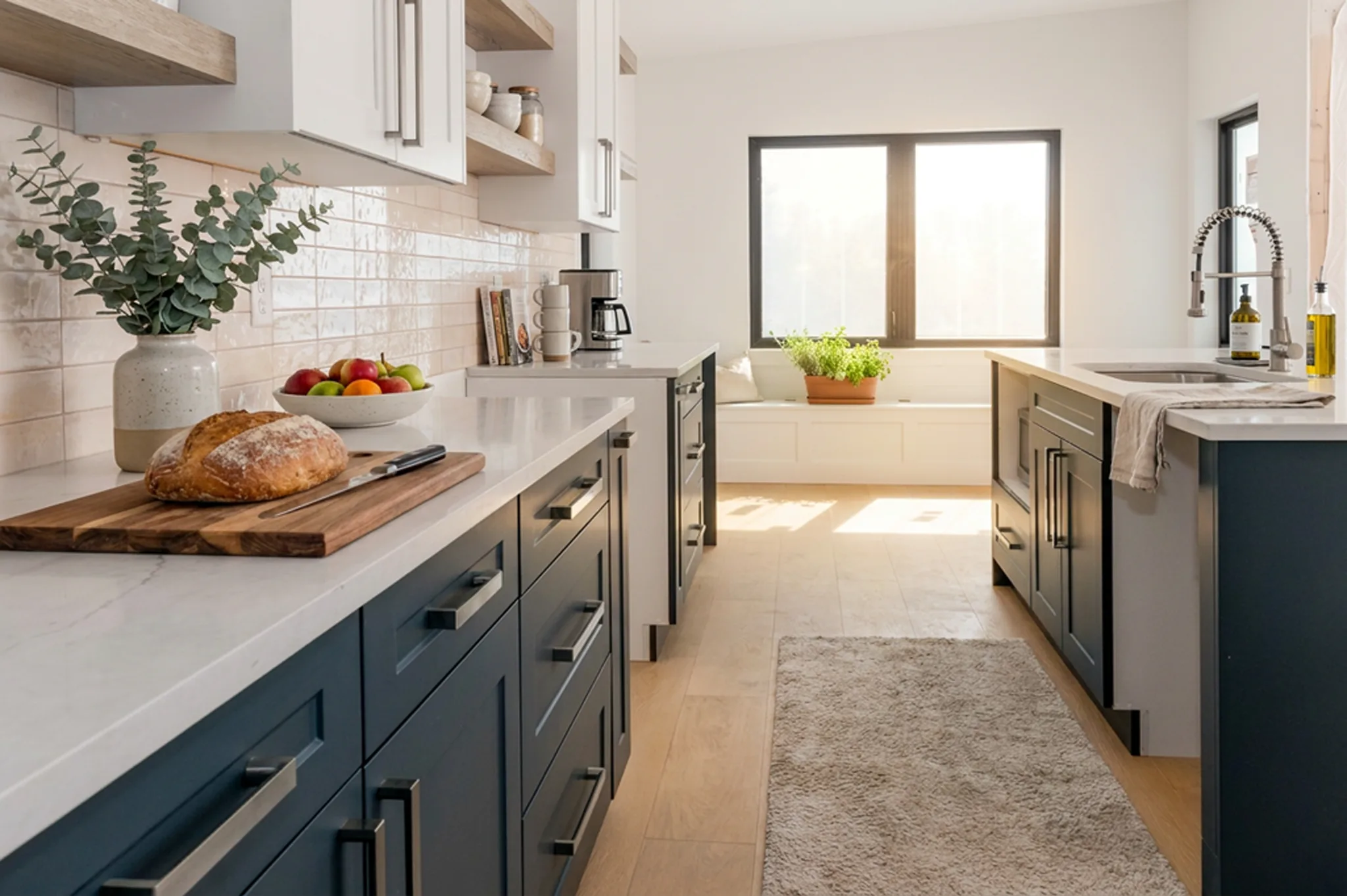Kitchen with navy lower cabinetry, white upper cabinetry and open wood shelving, cream subway tile backsplash, white quartz countertops, cutting board with bread, and bench nook with plants at end